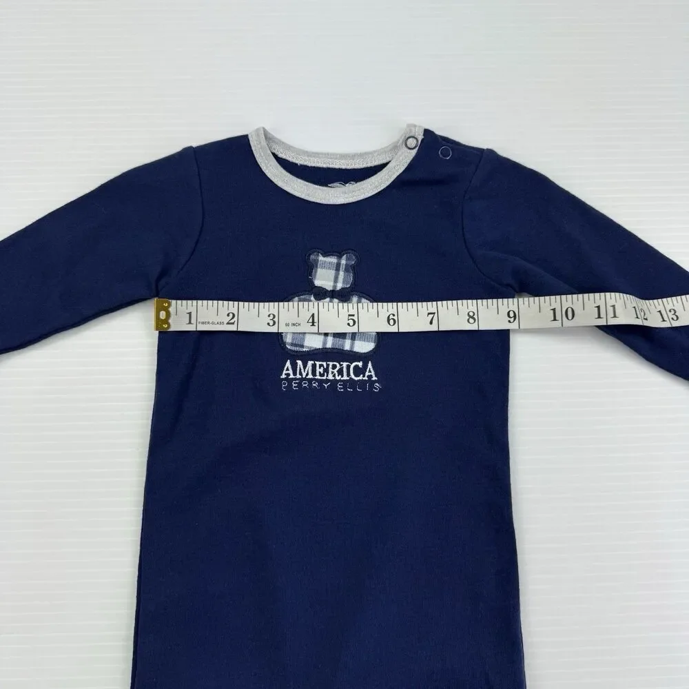 Perry Ellis America Baby Boy Sleeper 9M Navy Plaid Teddy Bear Footed Pajamas NWT
